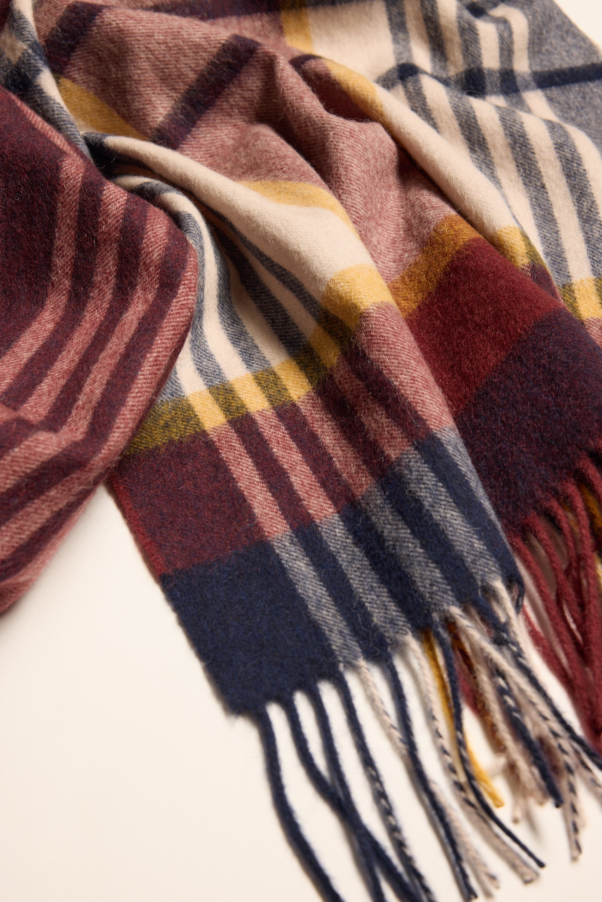 Max Maddie Brushed Check Scarf—plaid wool with fringe, in red, blue, yellow & cream.