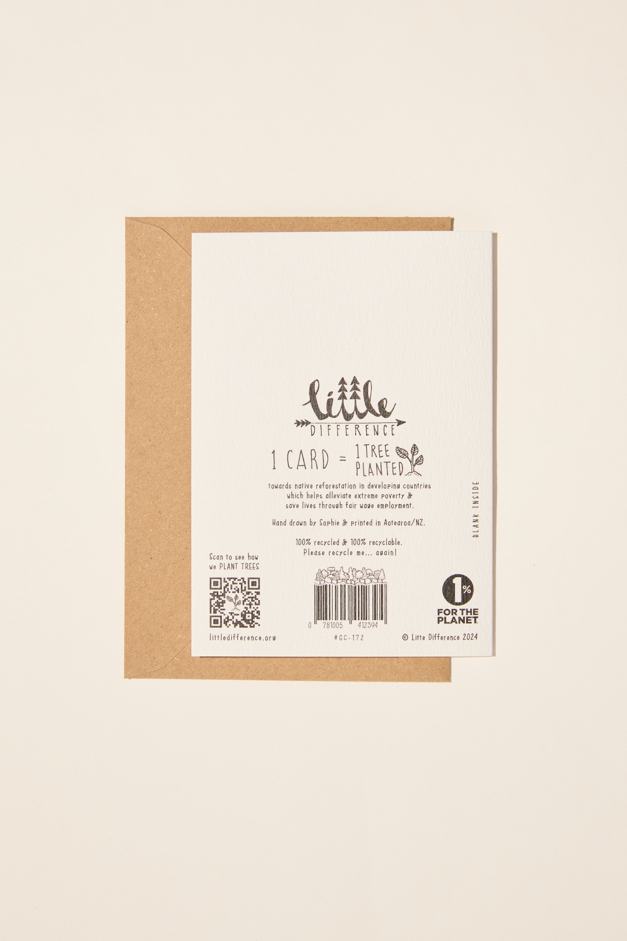 Little Difference Gift Cards by Little Difference come with a brown envelope. The card says "1 CARD, 1 TREE PLANTED" and features info about tree planting, sustainable materials, and illustrated trees—a thoughtful recycled greeting card.