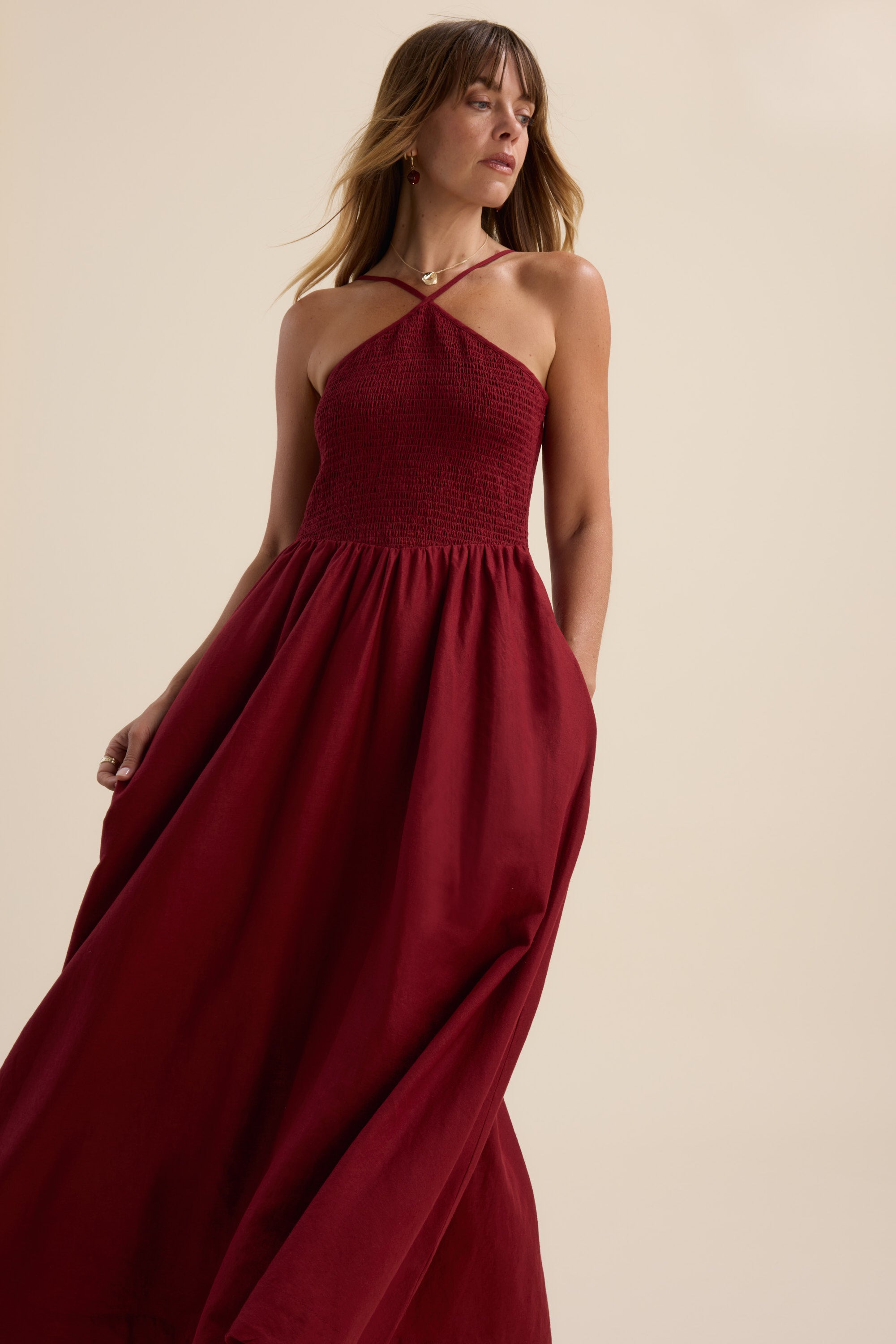 Shop The Linen Studio Shirred Halter Dress (Tuscan Ember) | Max