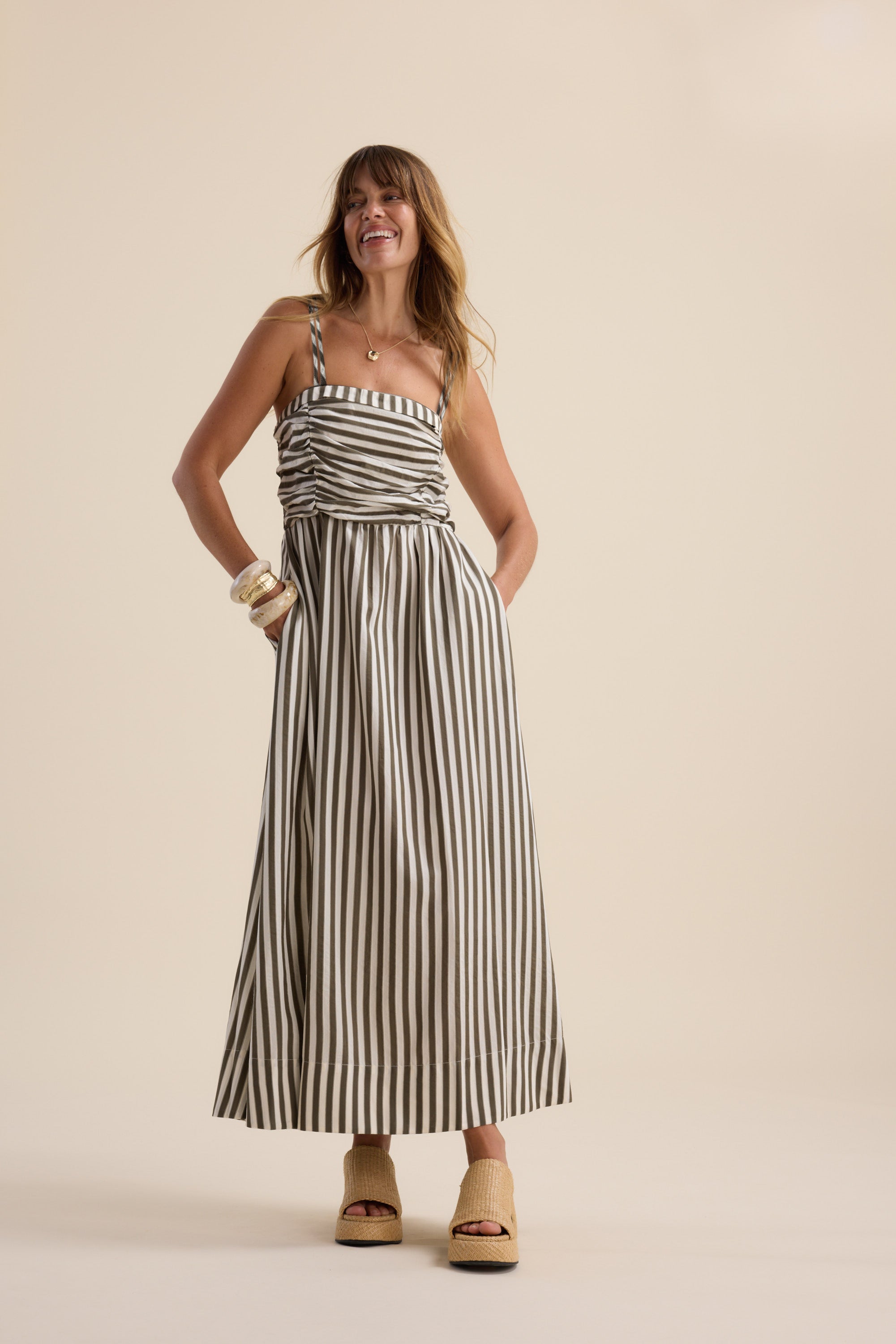 Shop Emma Strappy Dress (Green Stripe)