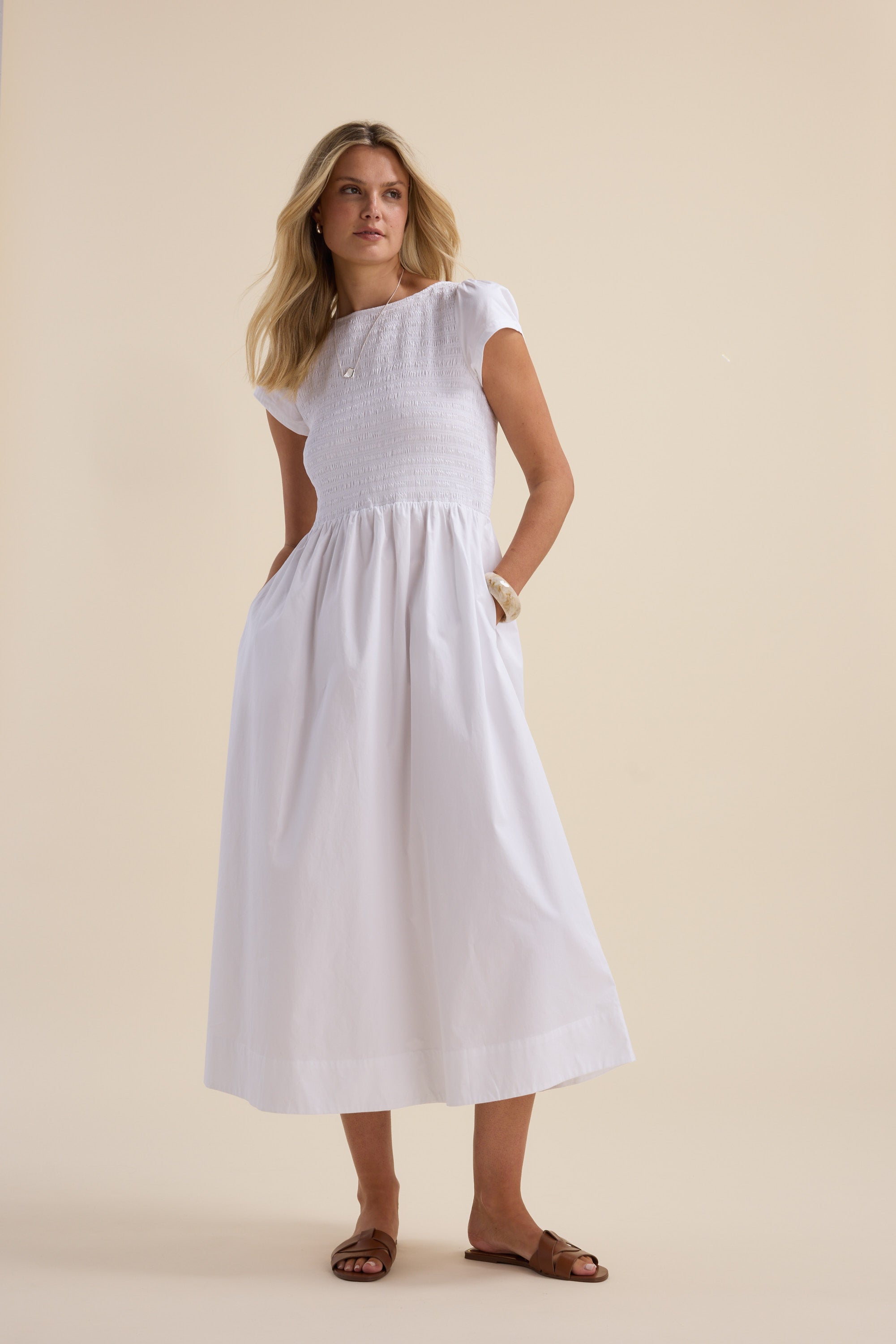 Shop Abby Shirred Bodice Dress (White) | Max Shop Abby Shirred Bodice Dress (White) | Max