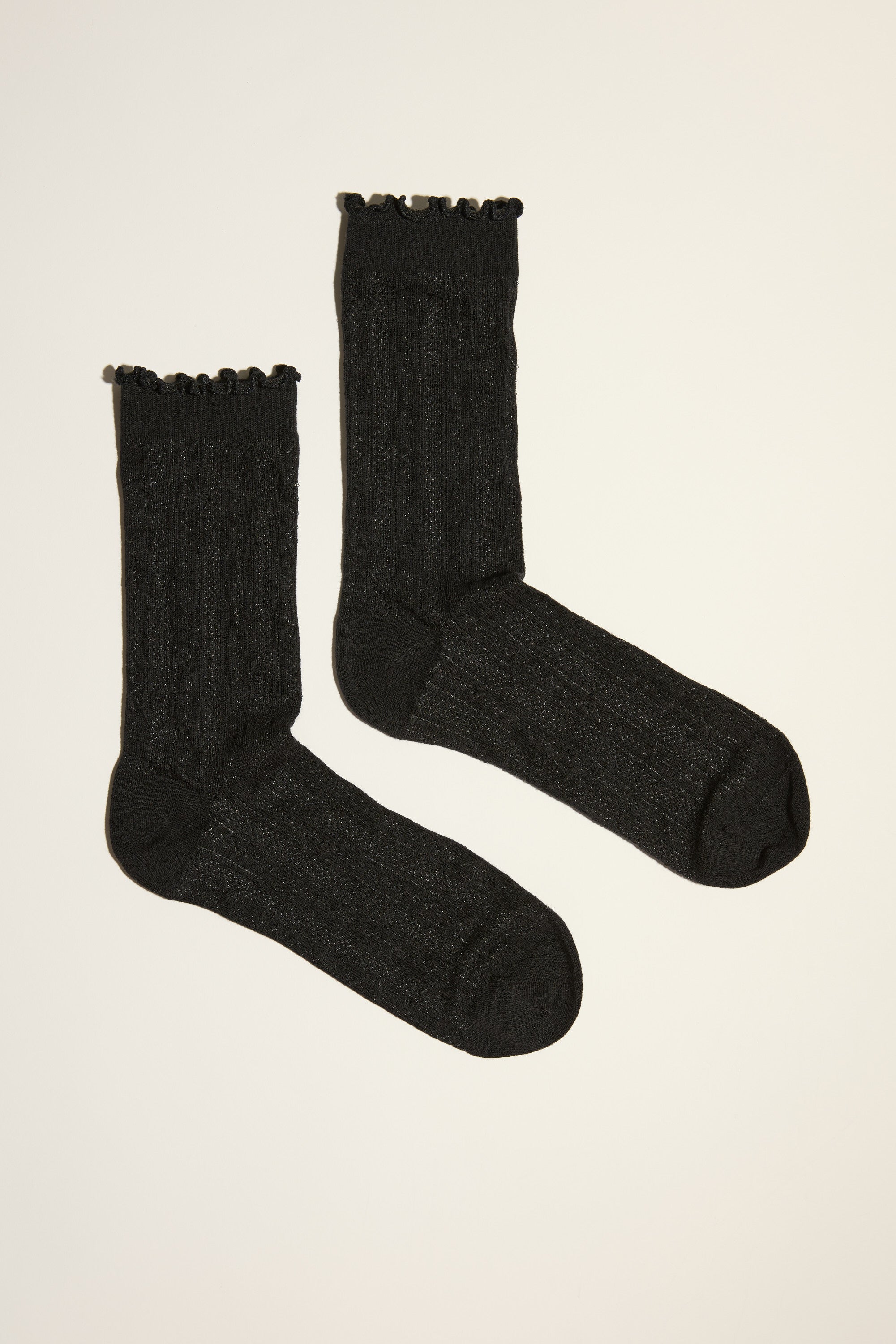 Max Daria Pointelle Crew Socks in black with ribbed pattern and lettuce frill trim.