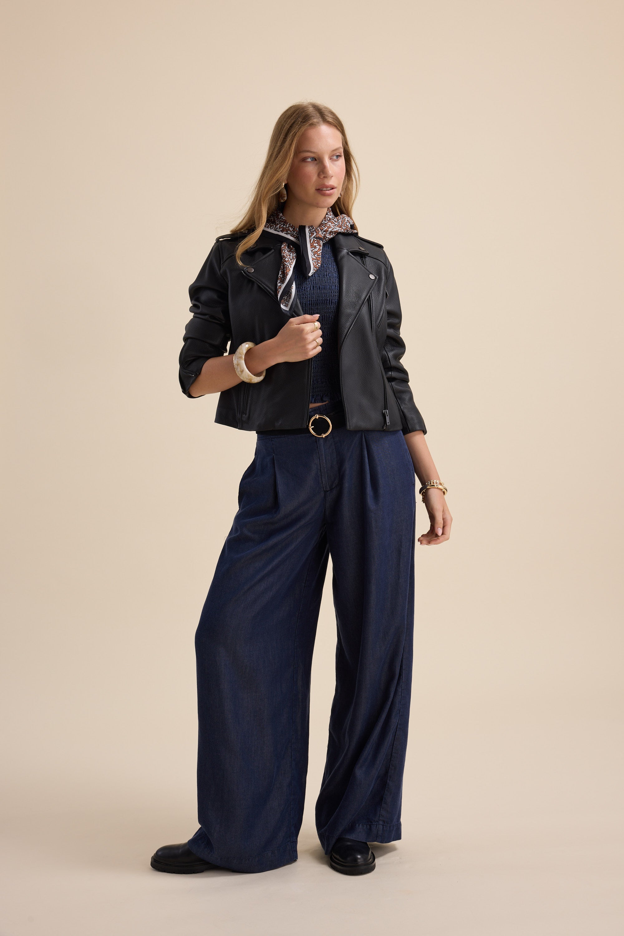 Max’s The Perfect Leather Biker Jacket styled with wide-leg jeans and a scarf—timeless staples.