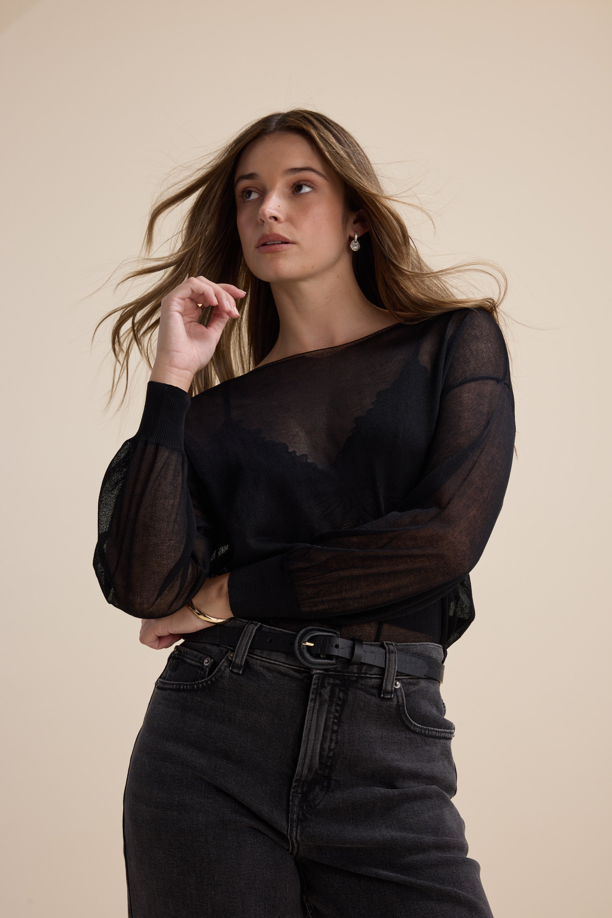 トップス andmary sheer logo tops Shop Addie Sheer Knitted Top (Black) | Max