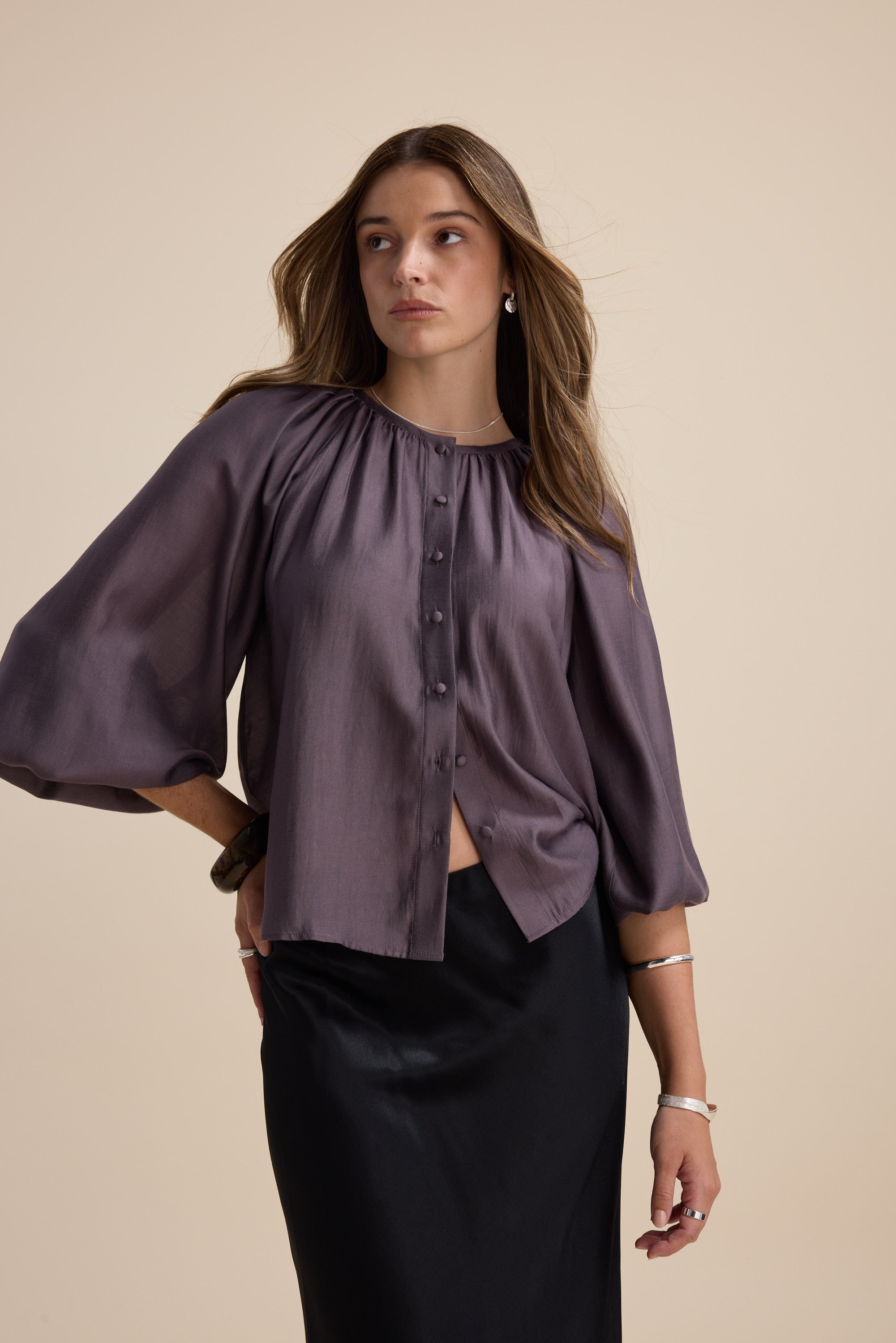 Shop Vivian Button Front Blouse (Deep Amethyst) | Max