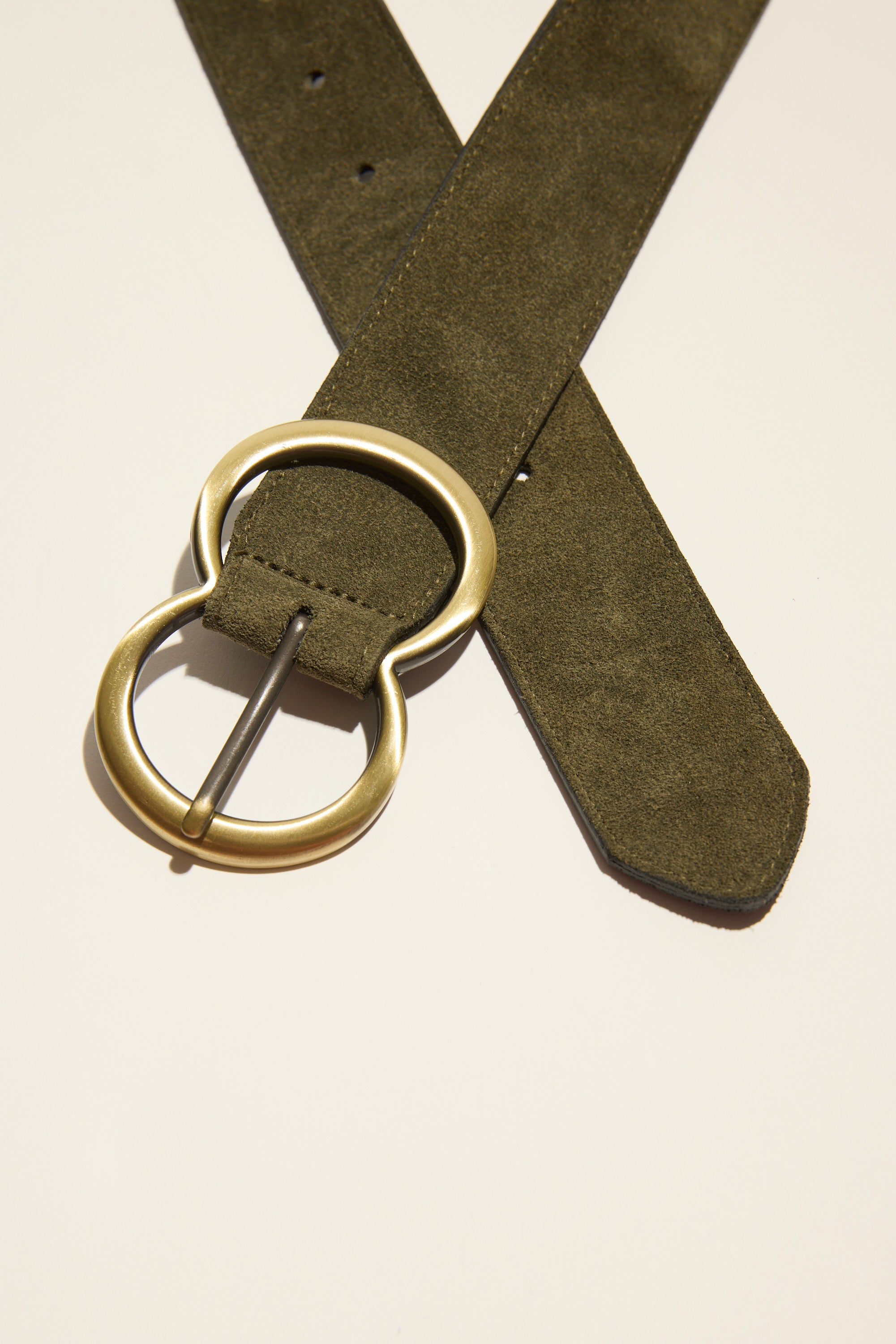 Max Dida Suede Double Oval Belt in olive green with a large gold buckle.