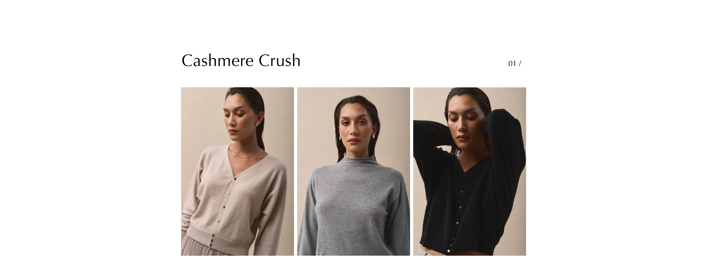 Three women model cozy cardigans and sweaters in beige, gray, and black under the heading Cashmere Crush on a minimalist beige background.