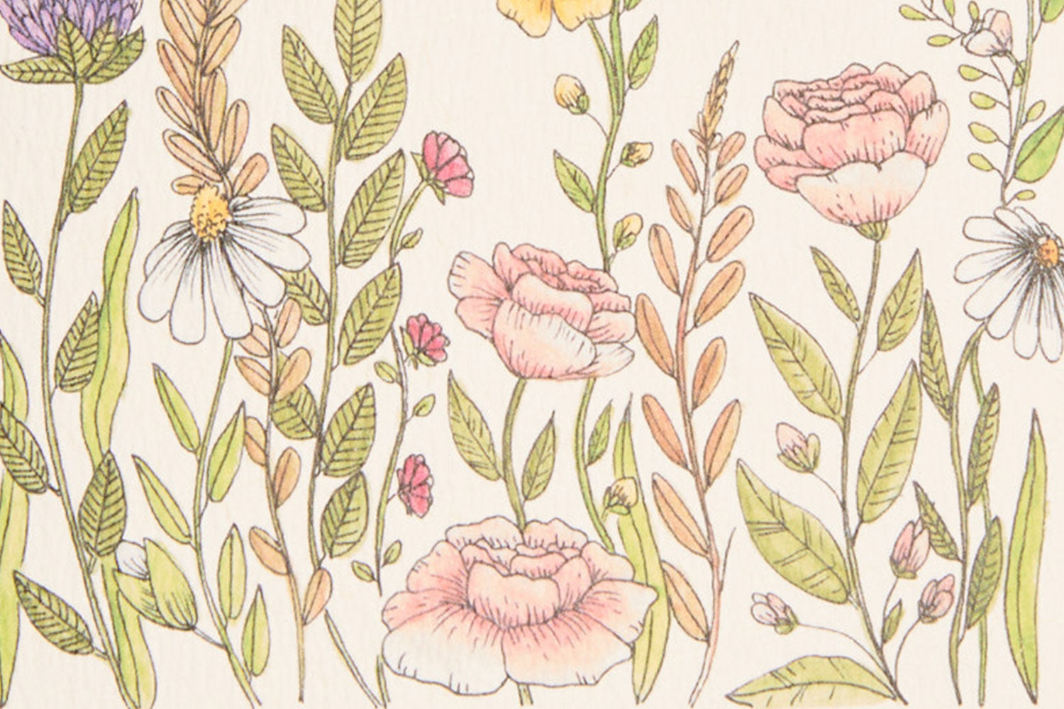 Delicate hand-drawn illustration of various wildflowers and leaves, featuring pink roses, white daisies, and green foliage on a light beige background.