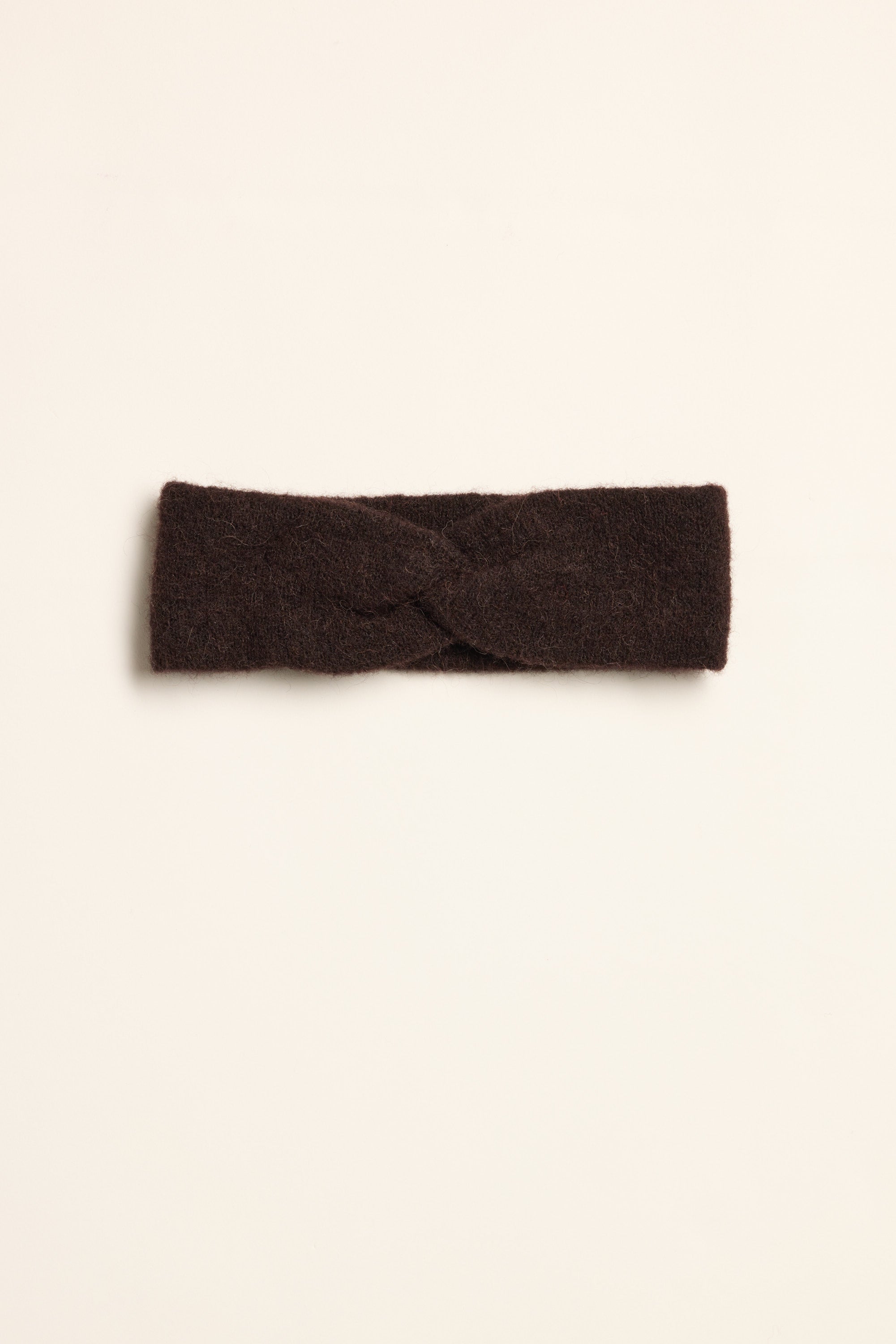 Max Mel Luxe Whisper Knit Knot Headband—dark brown with a twisted knot, perfect year-round.