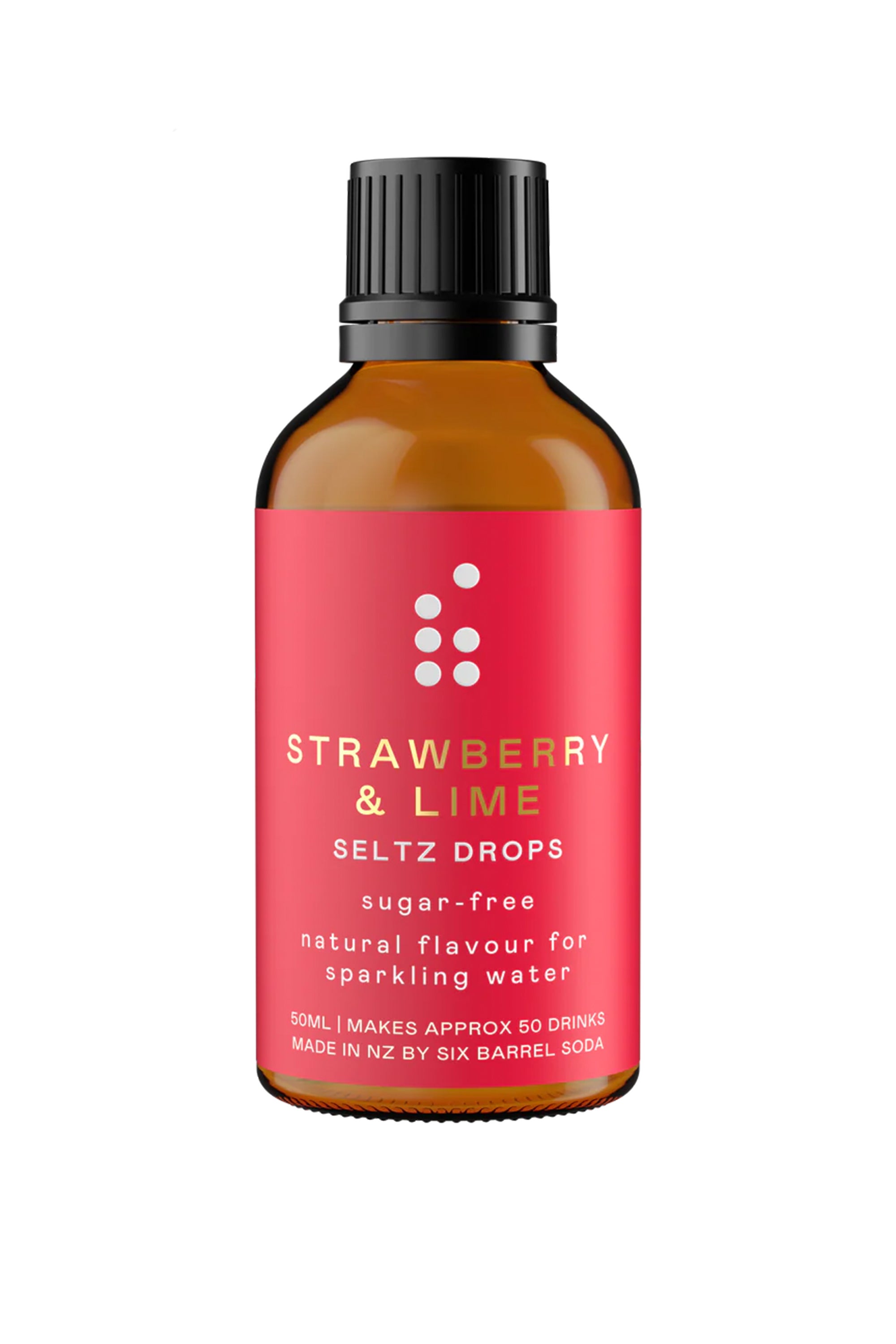 A 50ml brown glass bottle with black screw cap and red label, Six Barrel Soda Seltz Drops by Six Barrel Soda Company—sugar-free, naturally flavoured Strawberry & Lime drops for making sparkling water at home, ideal for low-waste drinks.