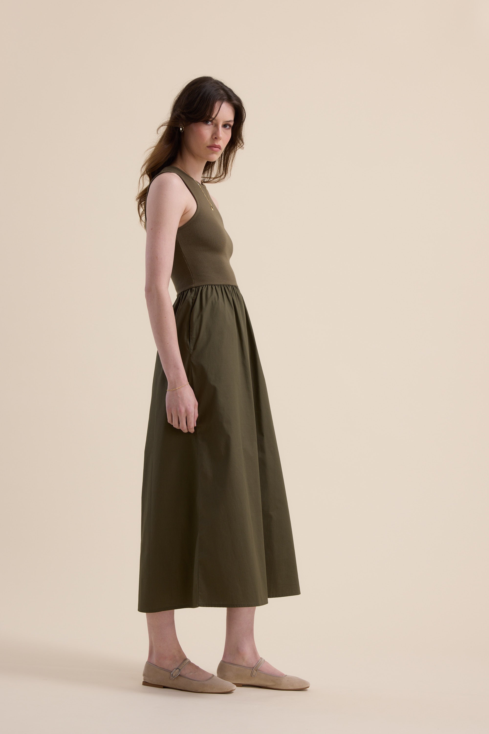 knee length dresses for ladies Khaki Round Neck Ribbed Top Tiered Skirt Midi Dress – AX Paris main image 0