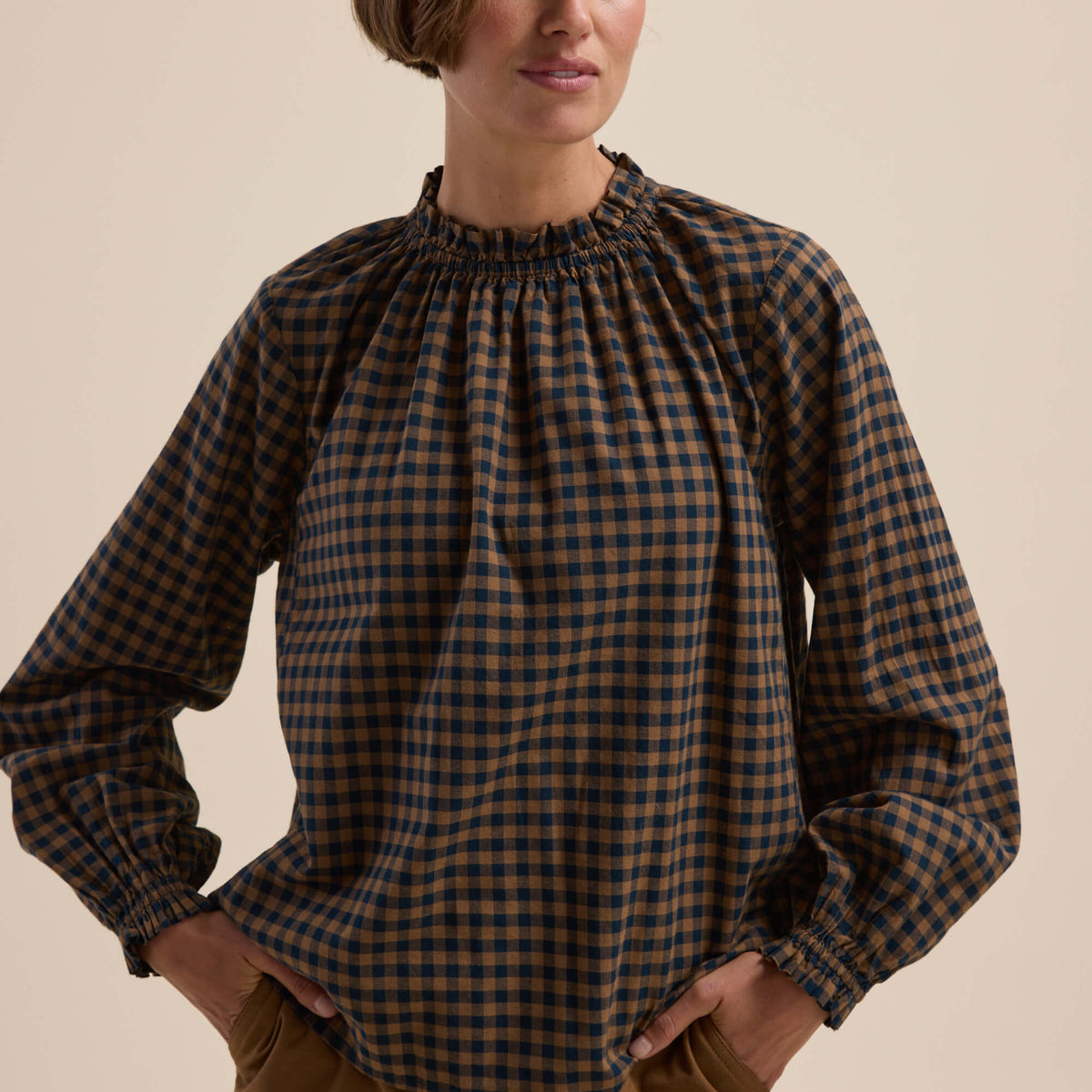 Shop The Frill Detail LS Blouse (Petrol Gingham) | Max