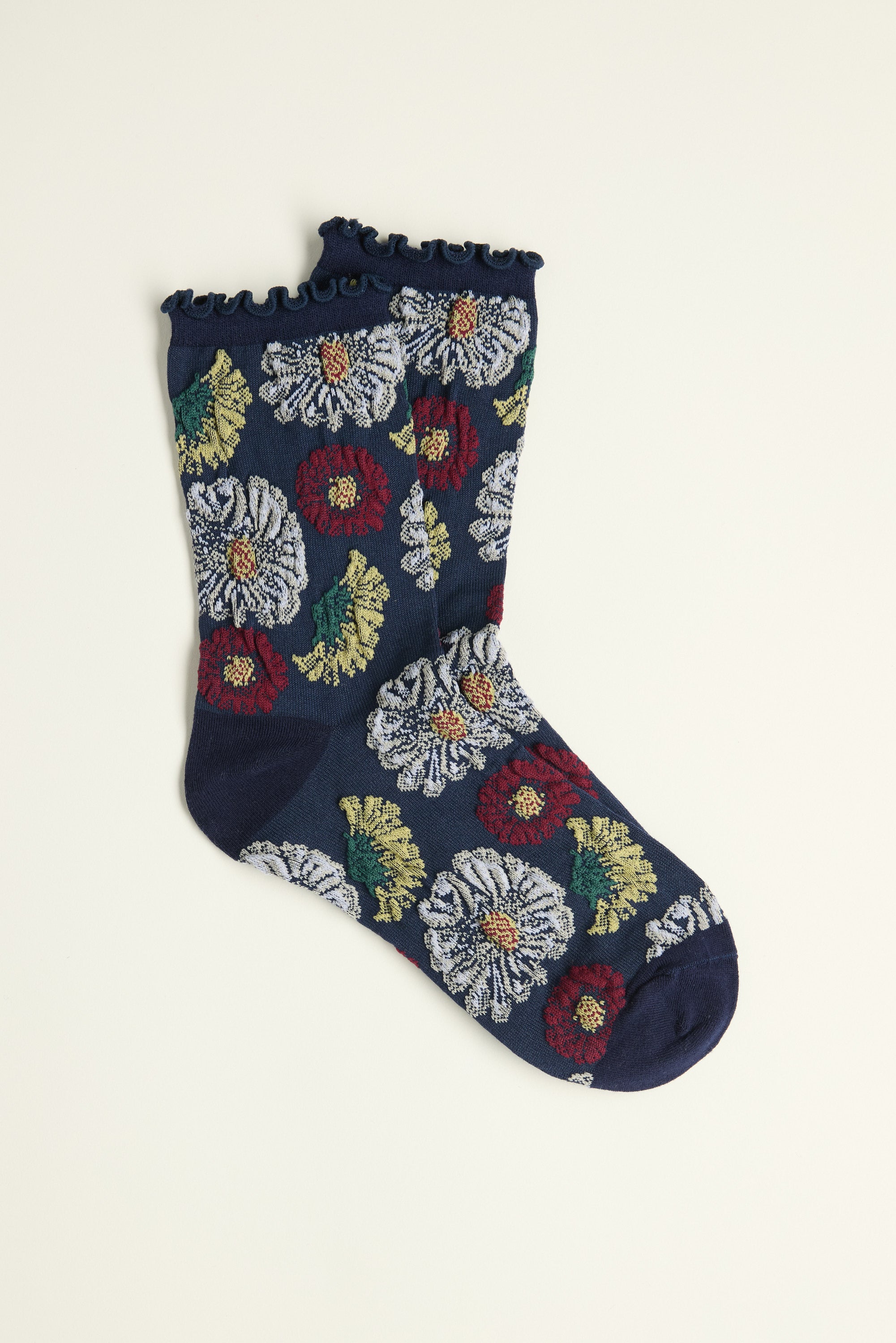 Max Athena Floral Crew Socks with colorful floral embroidery and lettuce edge, laid flat.