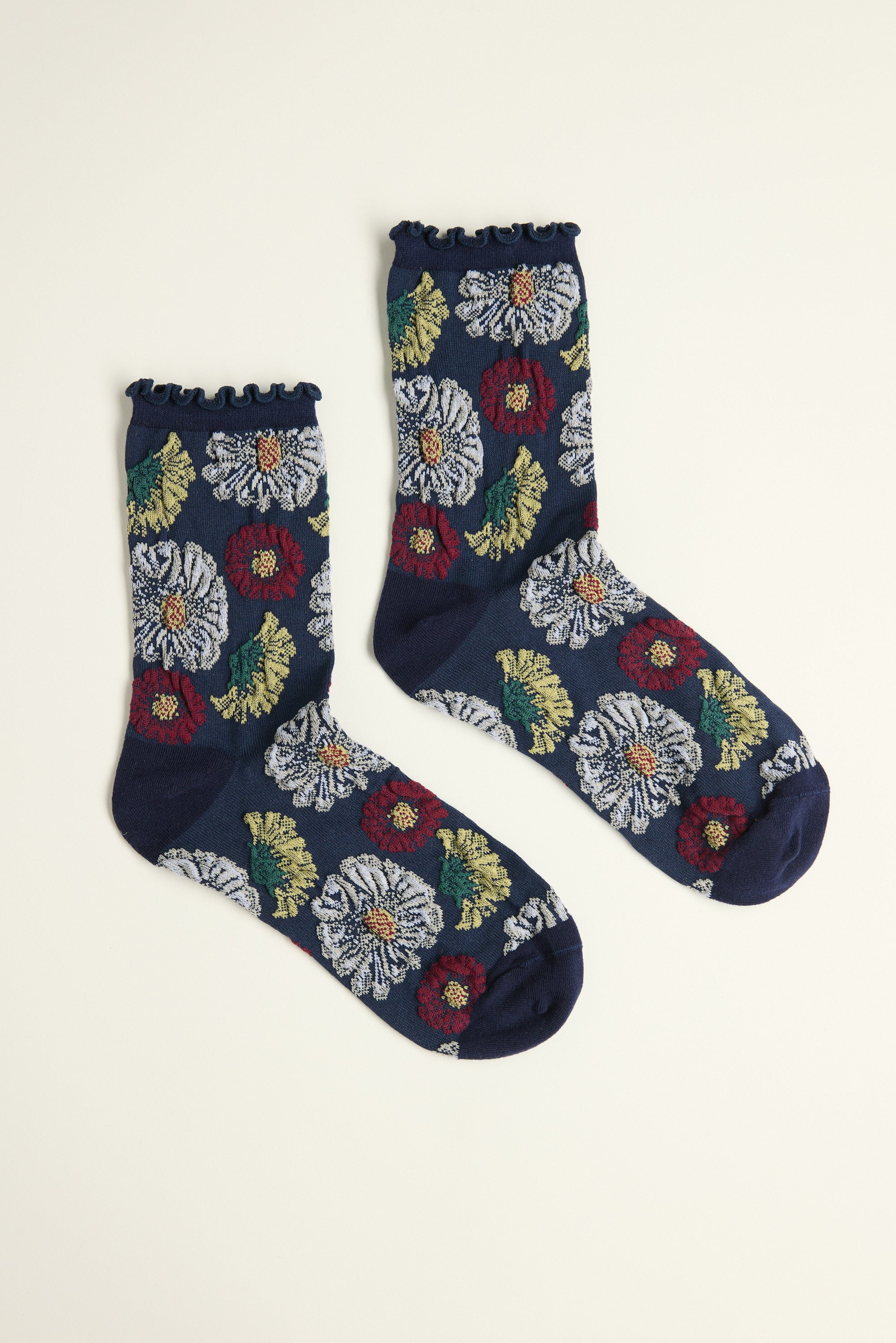 Max Athena Floral Crew Socks: navy blue with floral embroidery and lettuce edge trim.