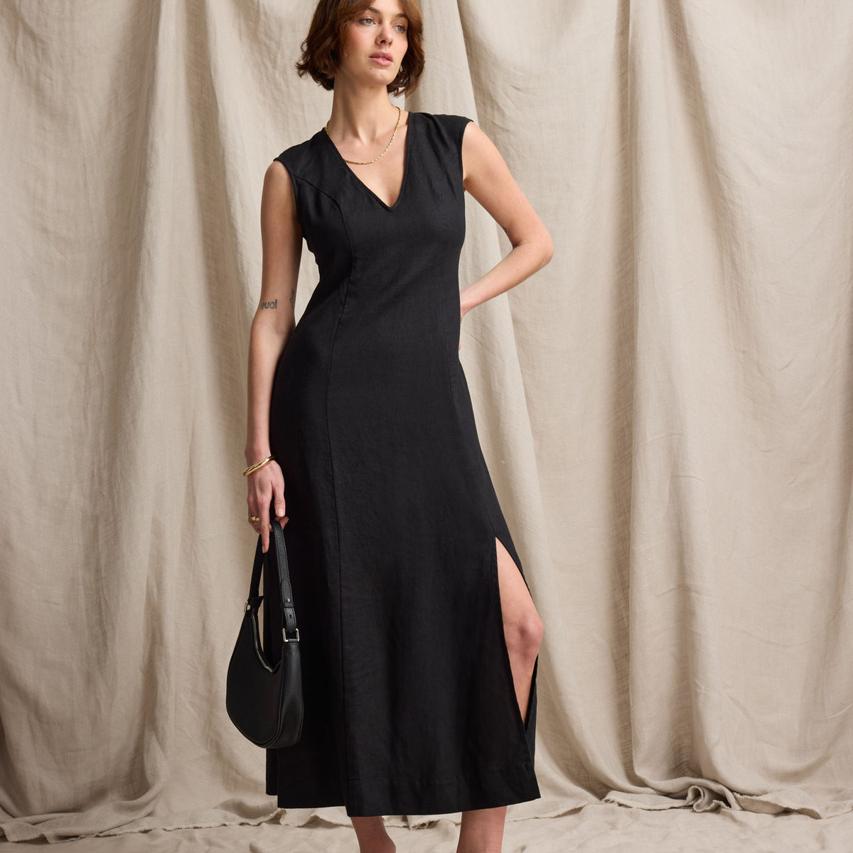 Shop Alice V Neck Linen Dress (Black) | Max Shop Alice V Neck Linen Dress (Black) | Max