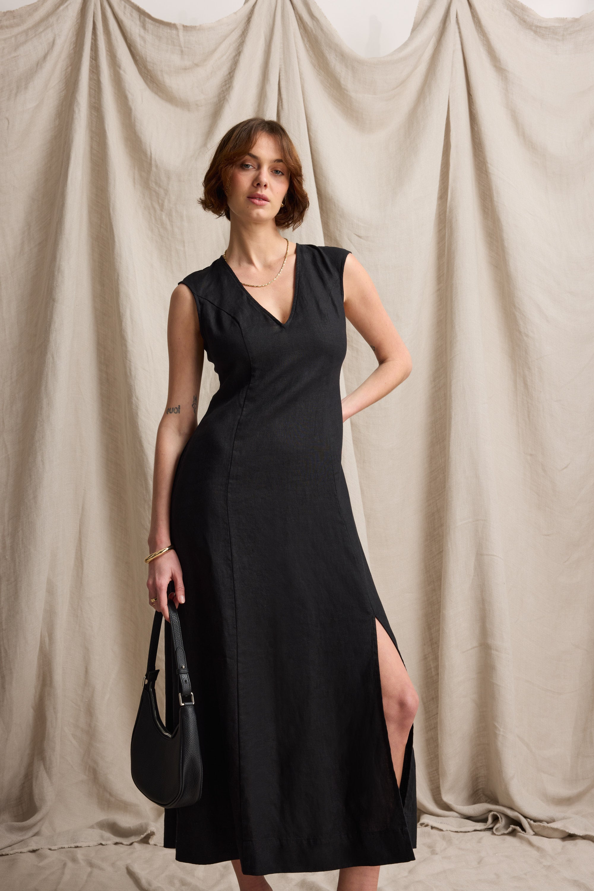 Shop Alice V Neck Linen Dress (Black) | Max Shop Alice V Neck Linen Dress (Black) | Max