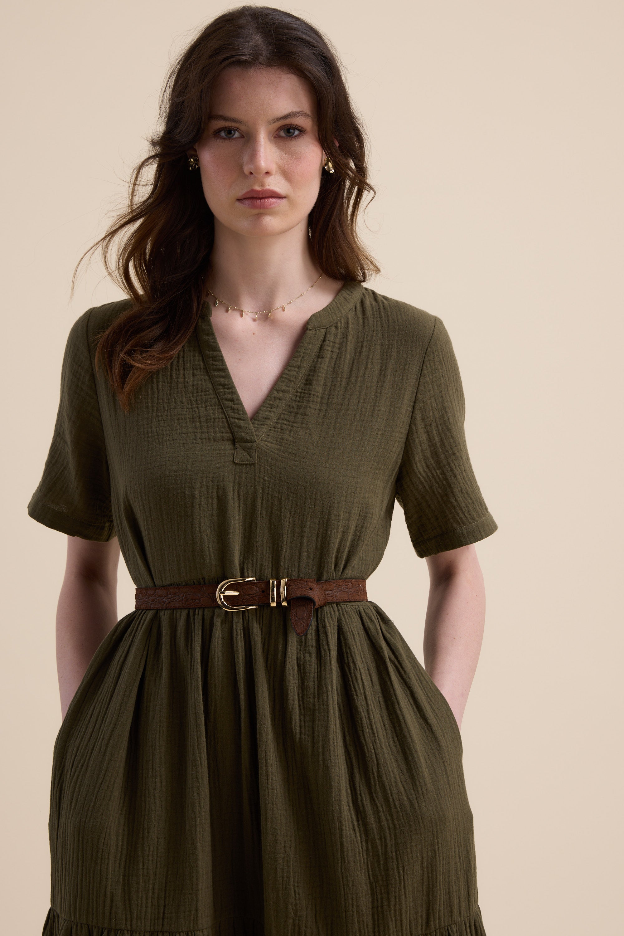 khaki green summer dress Shop Elementary Textured Tiered Dress (Summer Khaki)