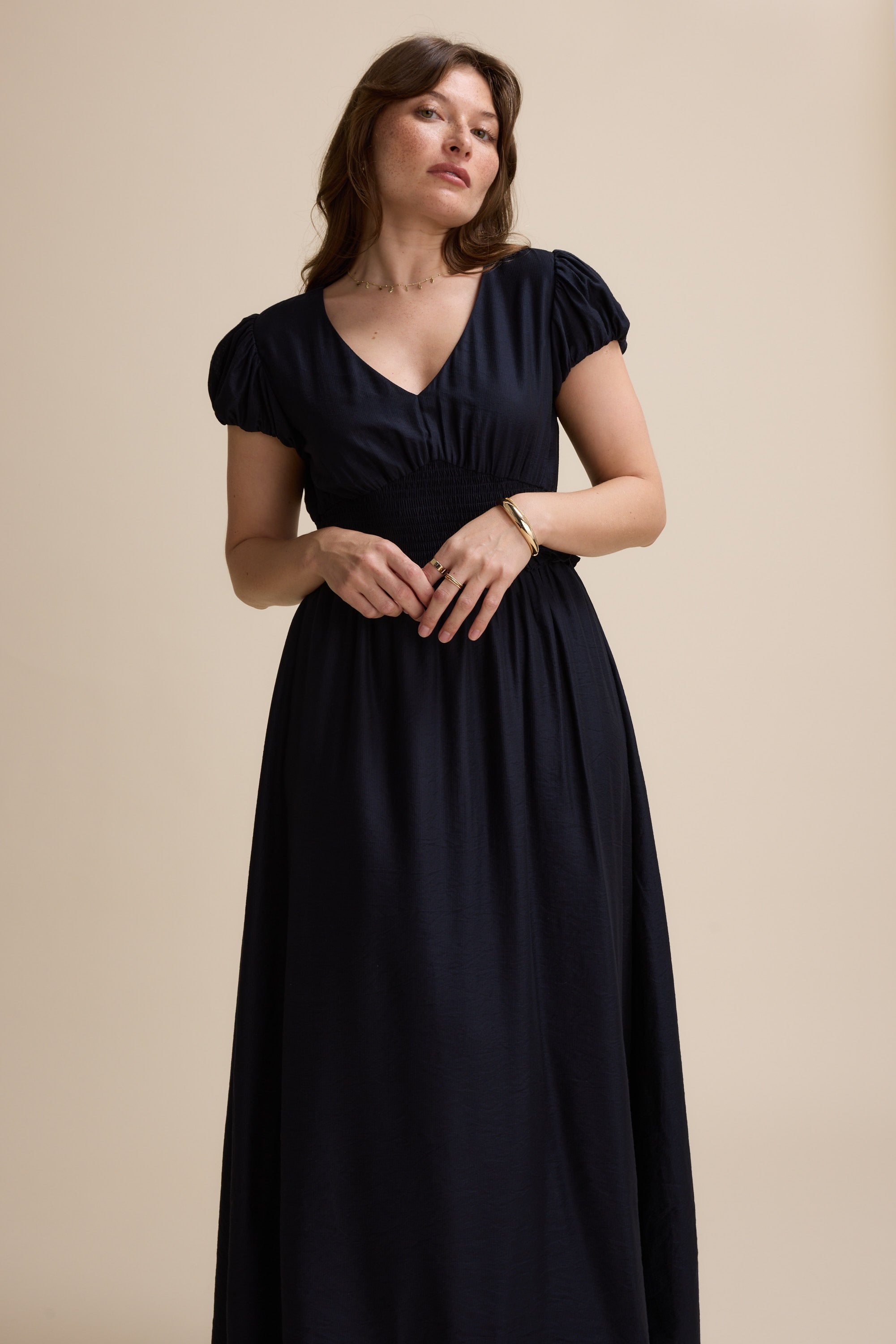 navy blue dress with cap sleeves La Femme 33128 - Long Satin Sheath Dress