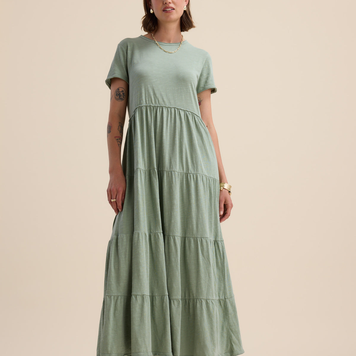 Shop Elementary Jersey Tiered Dress (Washed Olive)