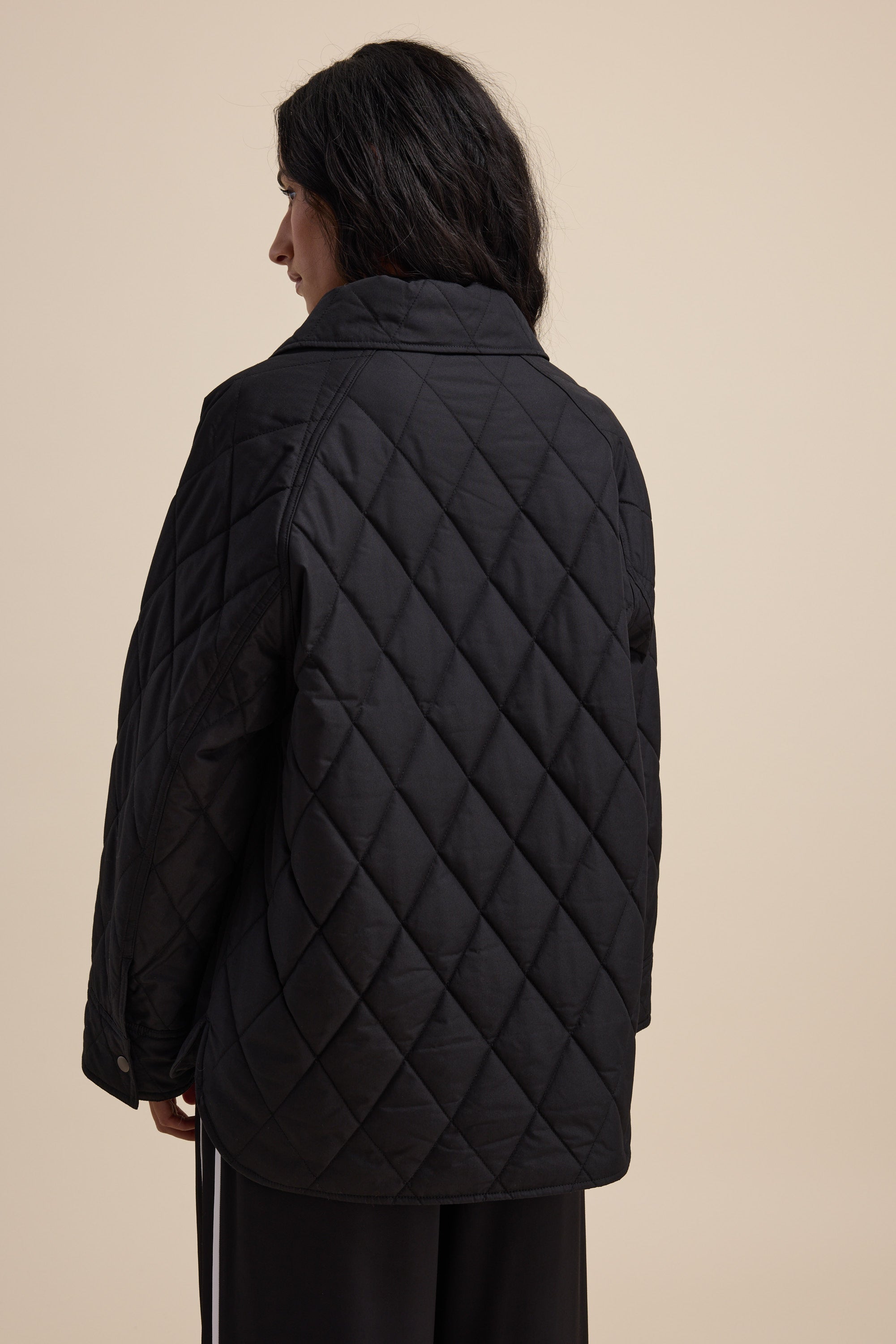 Person wearing the Elementary Quilted Puffer by Elementary, seen from the back on a beige background.