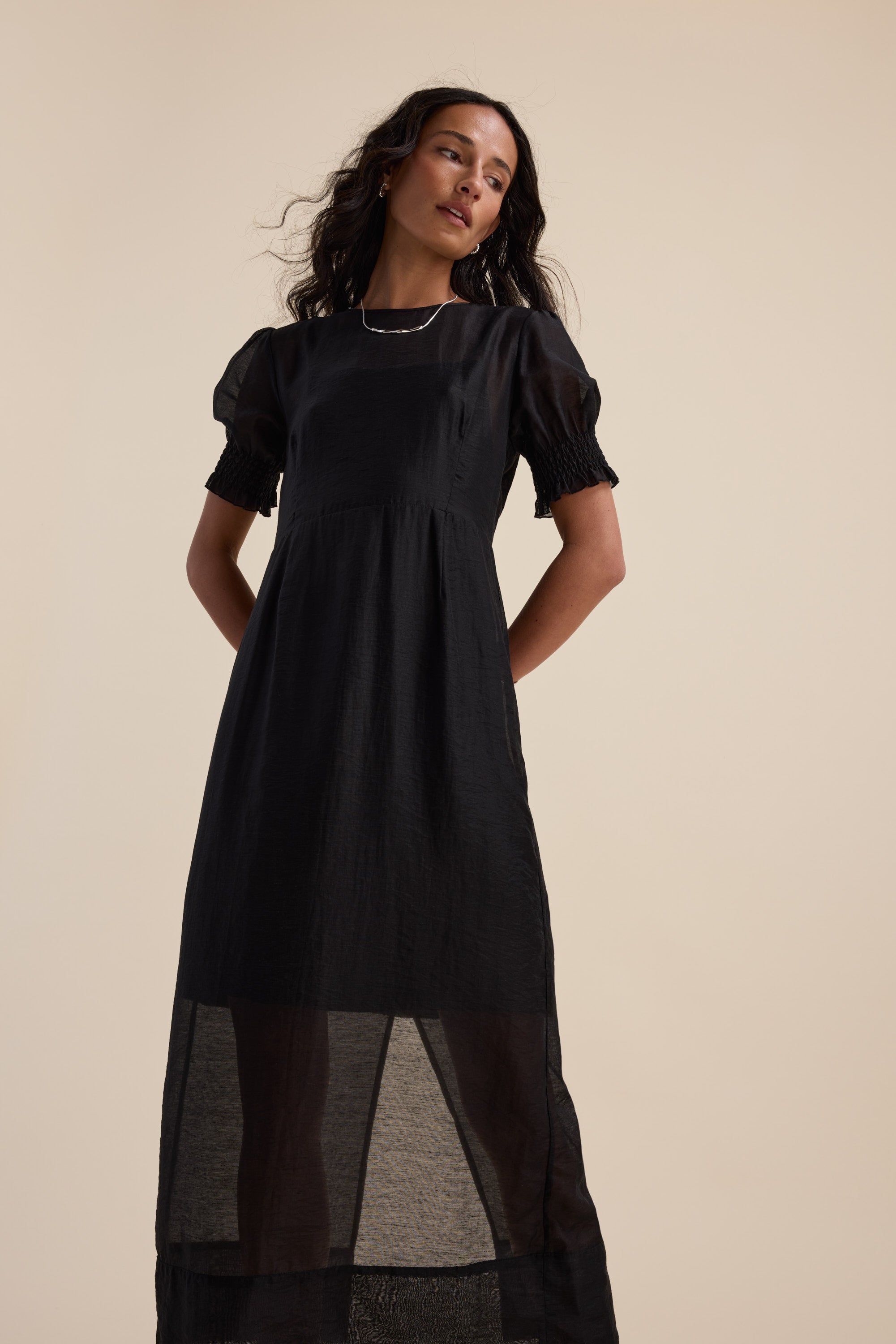 black dress with sheer puff sleeves Pearl-Studded Sheer Puff Sleeve Dress  Formal Maxi Dress Black / S