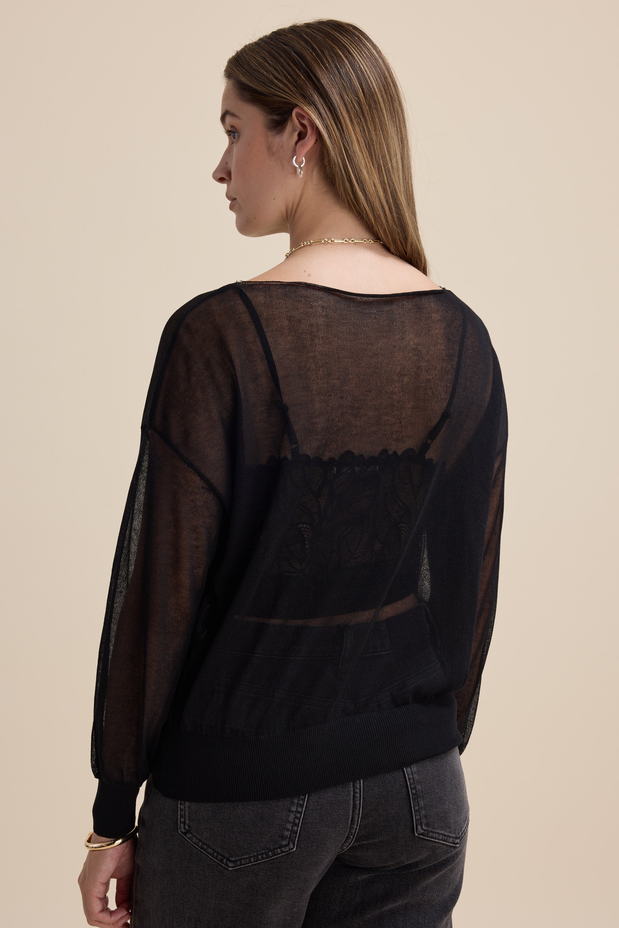 Shop Addie Sheer Knitted Top (Black) | Max