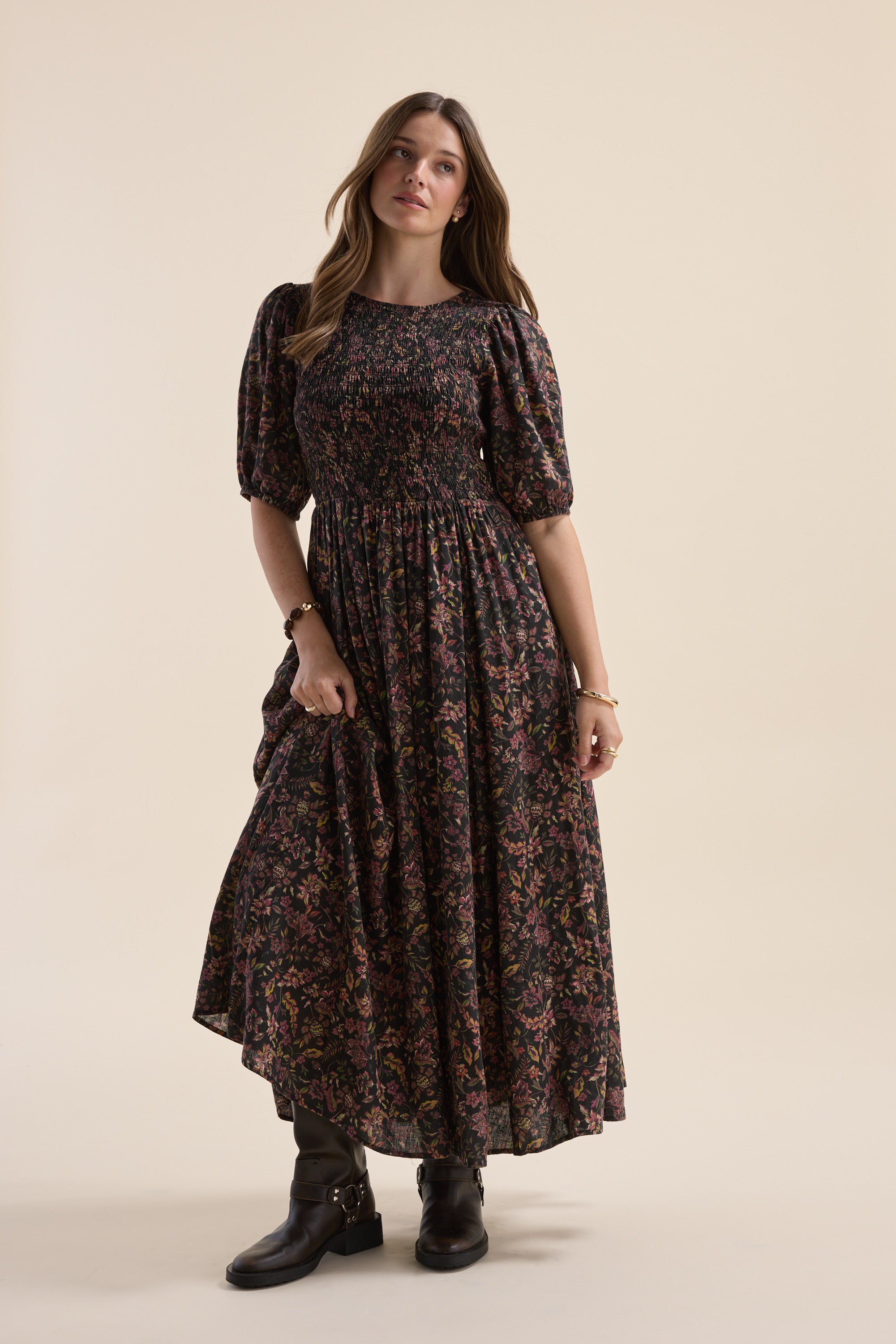 winter floral long-sleeve dress Shop Elementary Shirred Bodice (Winter Floral) MAR2026DROP2 Black Organic Cotton Multiway Color:Indigo/White/Limestone/Serene From workdays to weekends