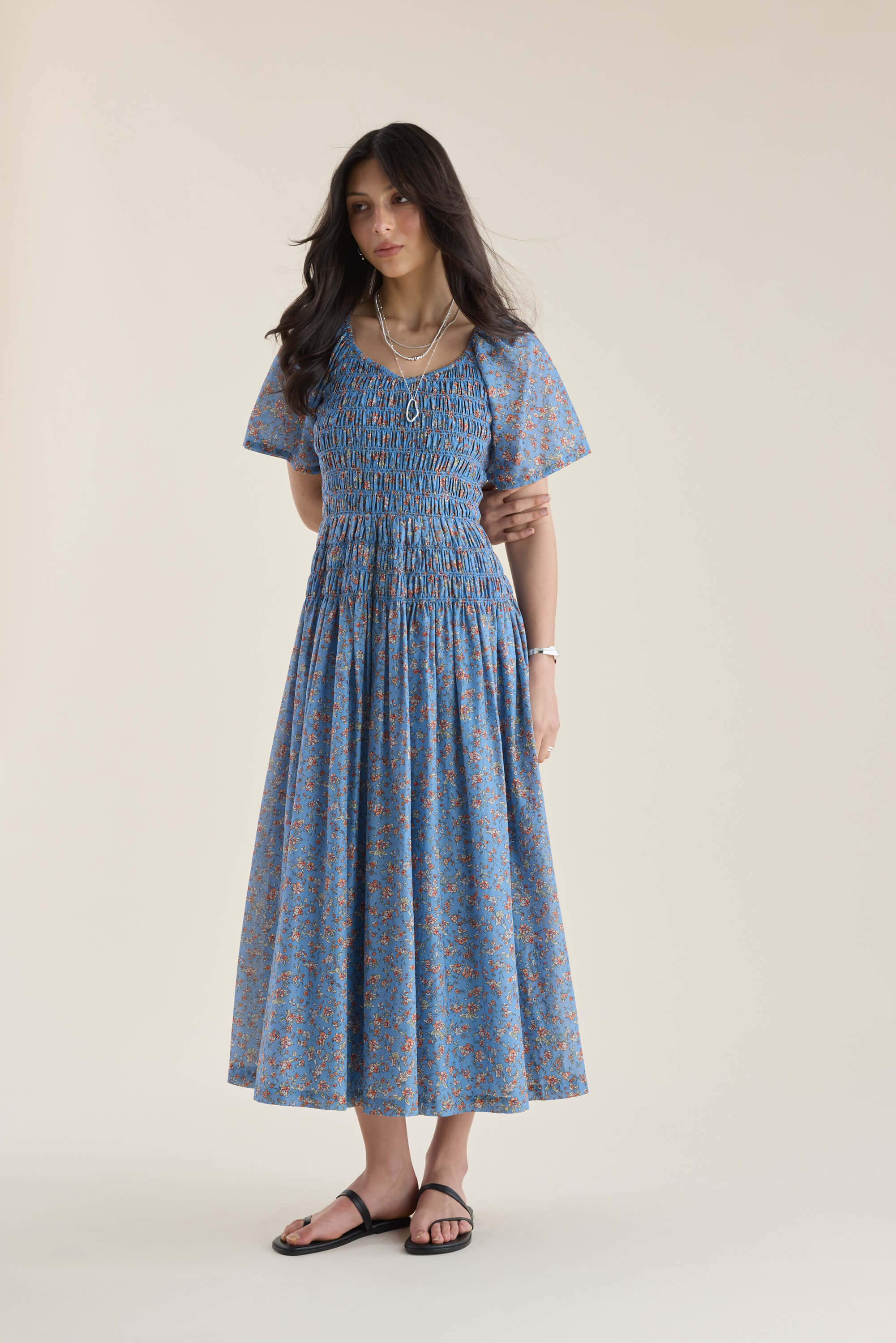 Shop Elementary Shirred Detail Dress (Blue Aster Print