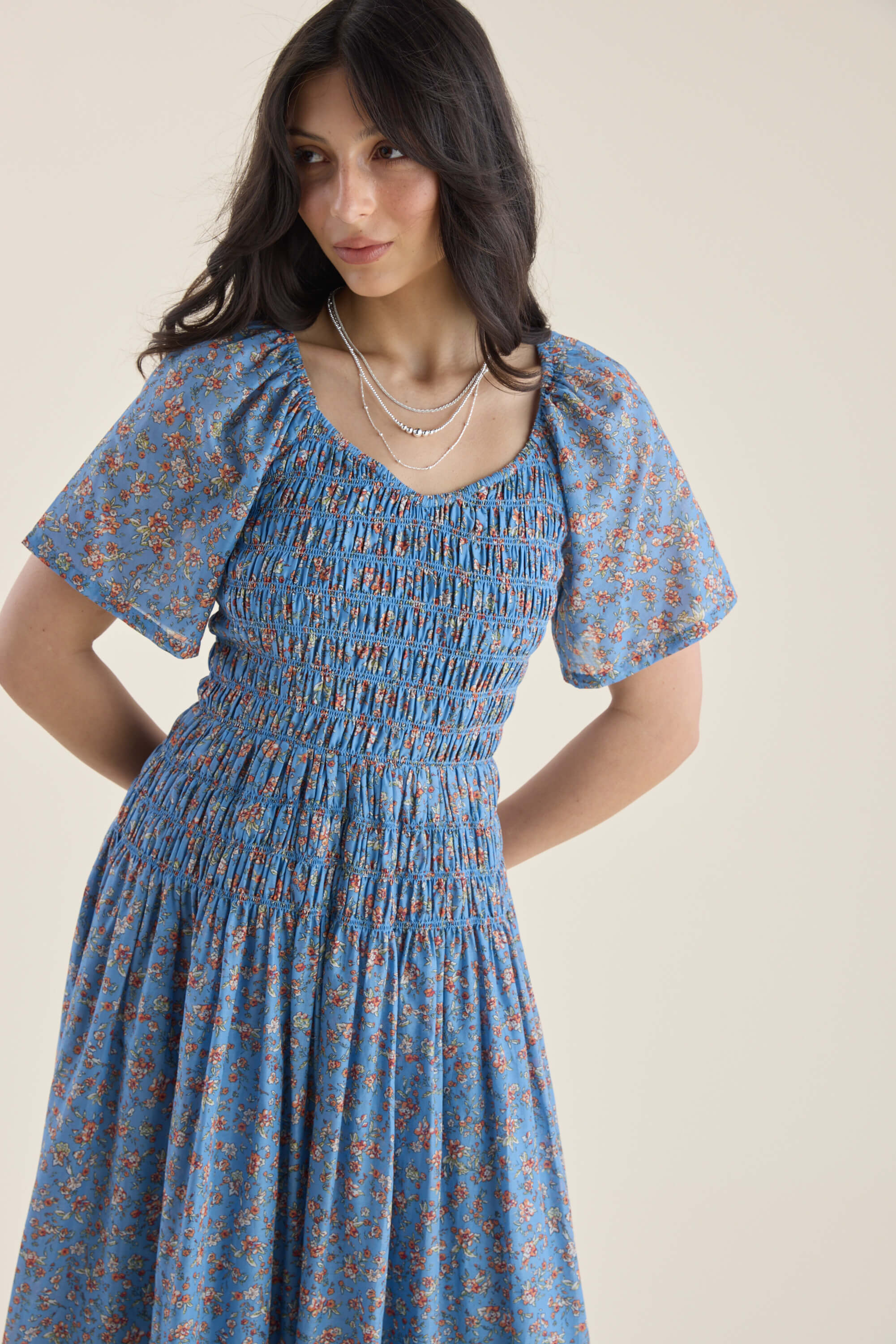 Shop Elementary Shirred Detail Dress (Blue Aster Print
