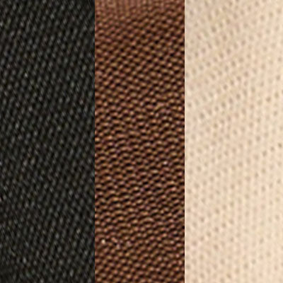 Close-up of three textured NZ fabric panels: black, brown, and cream.