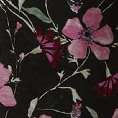 Pink and burgundy NZ flowers with green leaves on a black background.